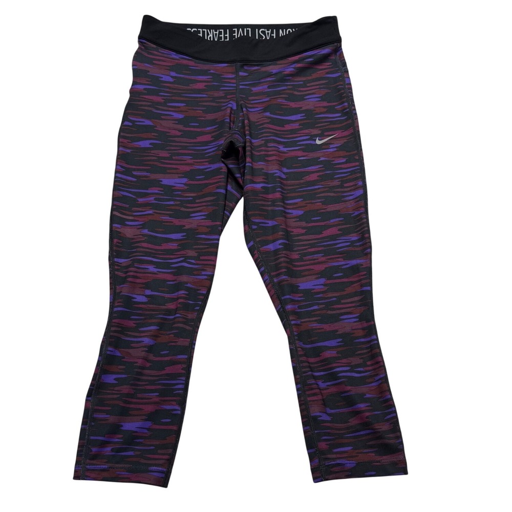 Nike Dri-FIT Camo Running Leggings Purple Burgundy Cropped Gym Tights Womens S